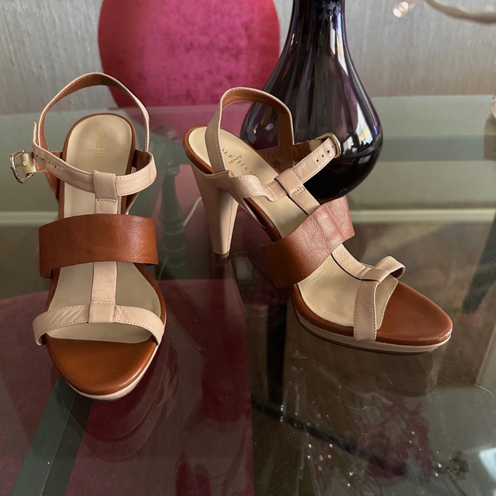 Cole Haan Tan and Beige High Heeled Sandals